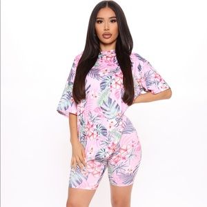 Fashion Nova Tropical State of Mind Biker Short Set- Pink/Combo